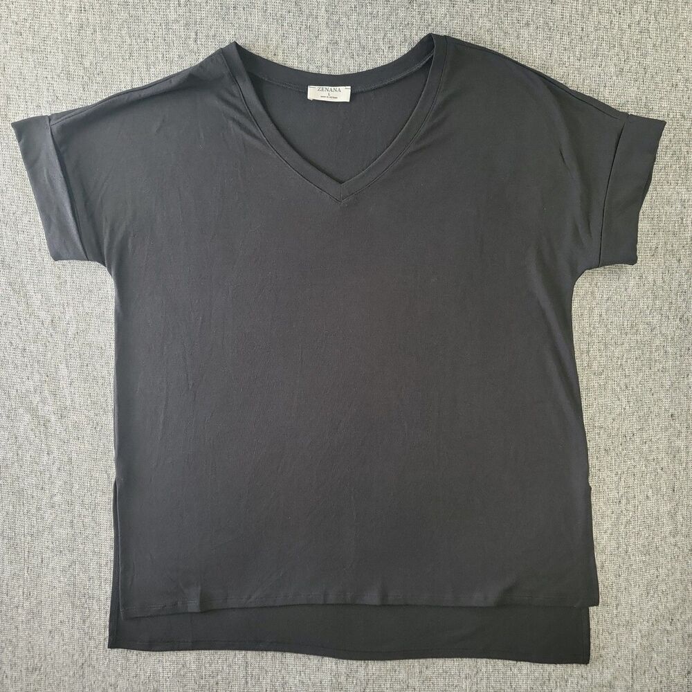 Zenana Clothing Top Womens L Large Black V Neck High Low Tee RT1629AB